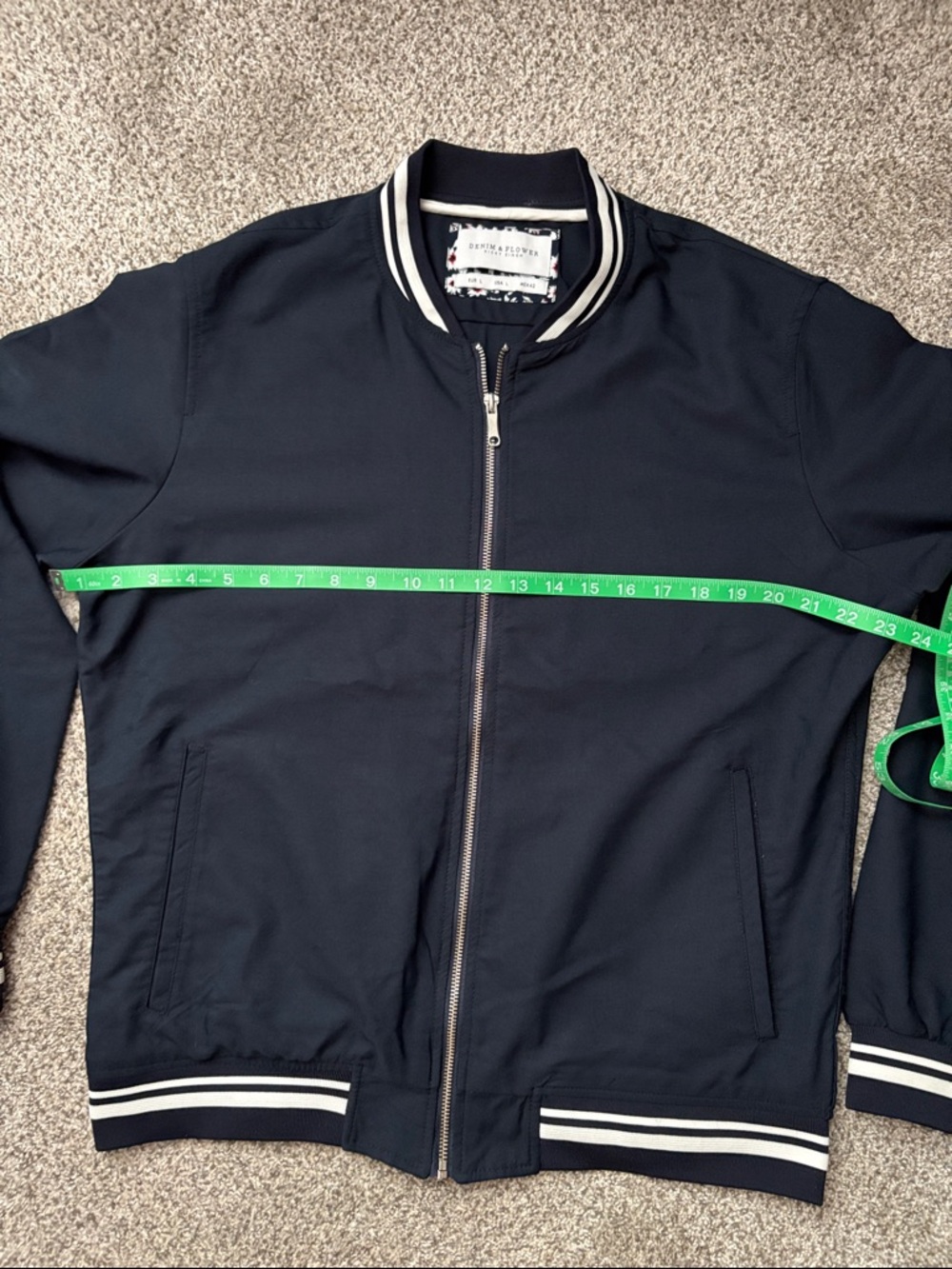 Denim & Flower Men's Navy Bomber Jacket with Striped Trim - Picture 3 of 6